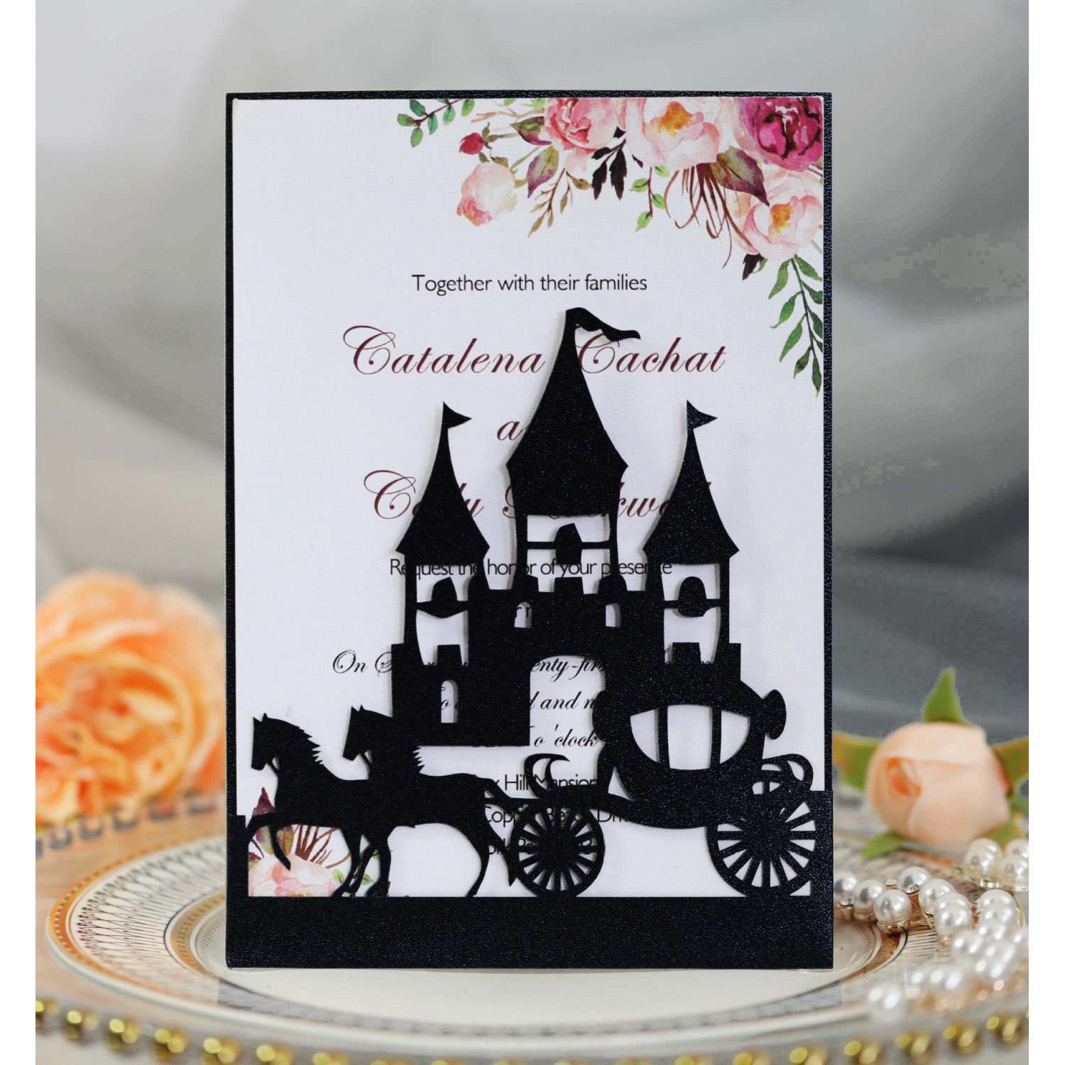 Wedding Card Design Laser Cut Castle And Carriage Invitation Iridescent  Card Greeting Card